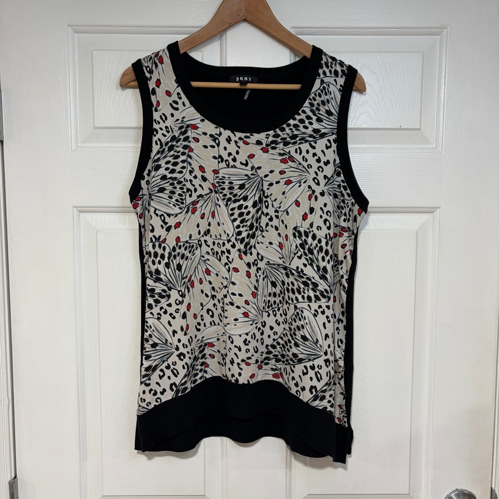 Butterfly Moth Wing Print Sleeveless Tank Top DKNY Womens L Black Cotton Cottage